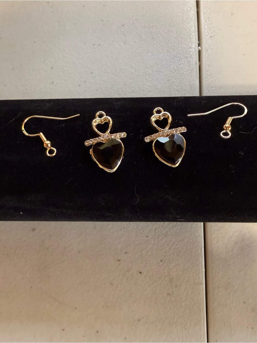 Gold Heart Drop Earrings with Black Crystal - Women Jewelry